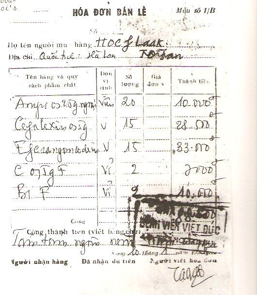 Rekening Viet Duc ziekenhuis (bron: archief René Hoeflaak) 